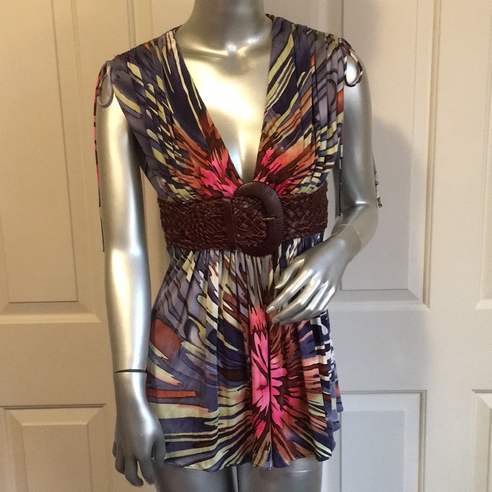 Sky Multicolor V-Neck Sleeveless Blouse with Braided Belt